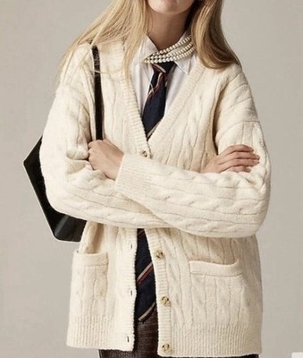 J. Crew Relaxed Cable-Knit Cardigan Sweater Ivory Academia Old Money S/M